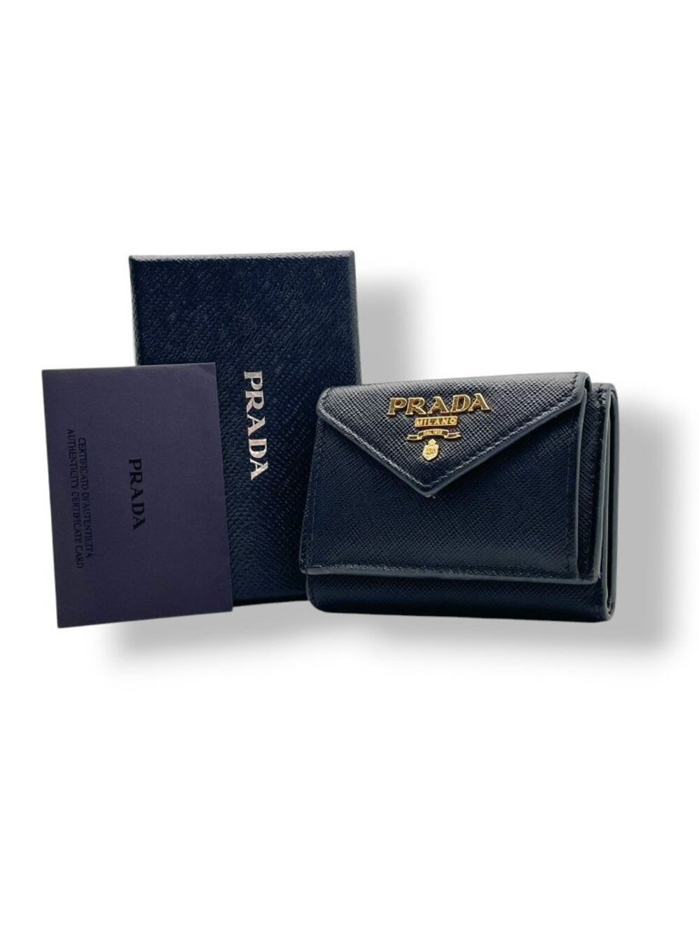 Prada Saffiano Leather Trifold Wallet Compact Black Gold Logo Mini Coin Purse